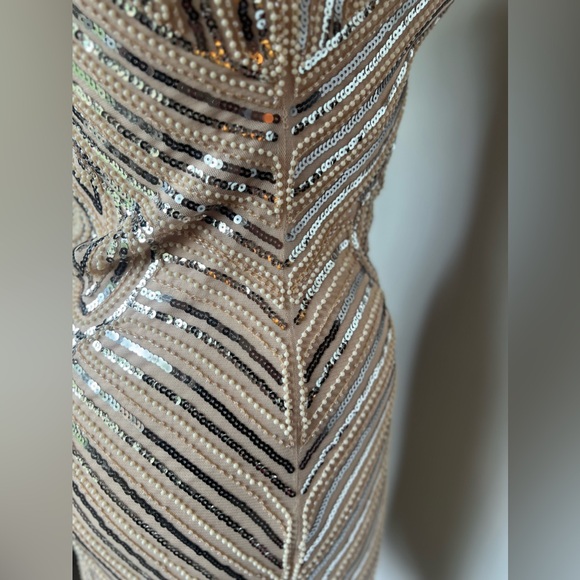 Dazzling Beige And Silver Fringed Beaded Flapper Dress 100% Polyester Size M - Picture 8 of 13